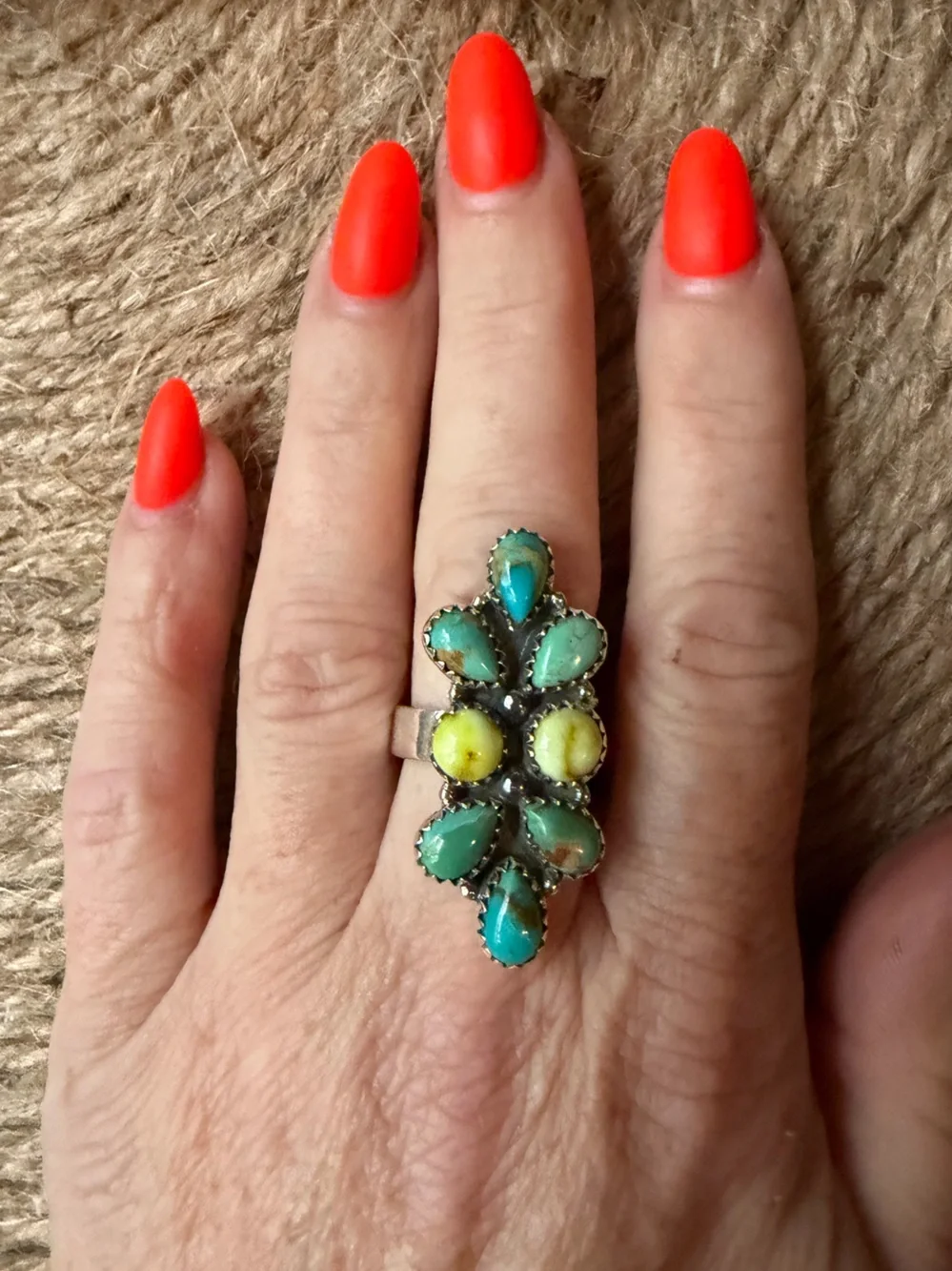 Turquoise and Palomino  Stone Flower Sterling Silver Ring - Stamped 925